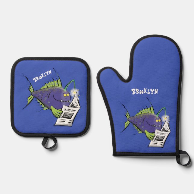Funny angler fish cartoon oven mitt & pot holder set (Front)