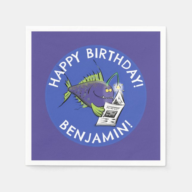 Funny angler fish cartoon personalized birthday napkins (Front)