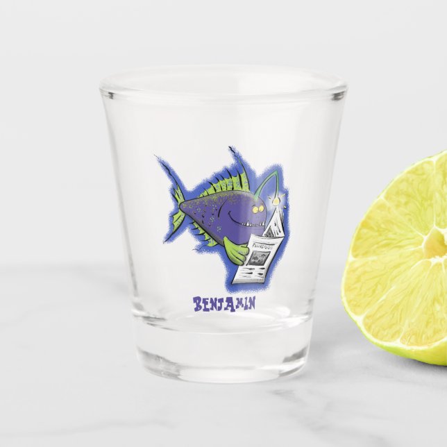 Funny angler fish cartoon  shot glass (Front)