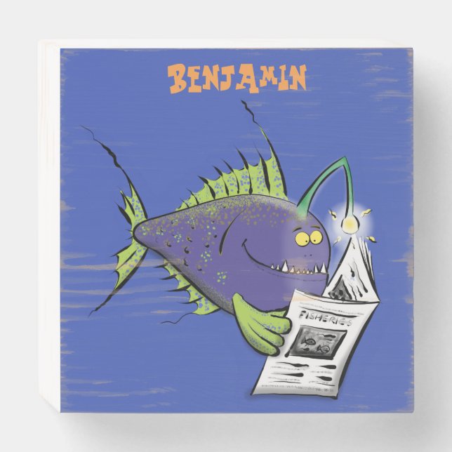 Funny angler fish cartoon wooden box sign (Front Horizontal)