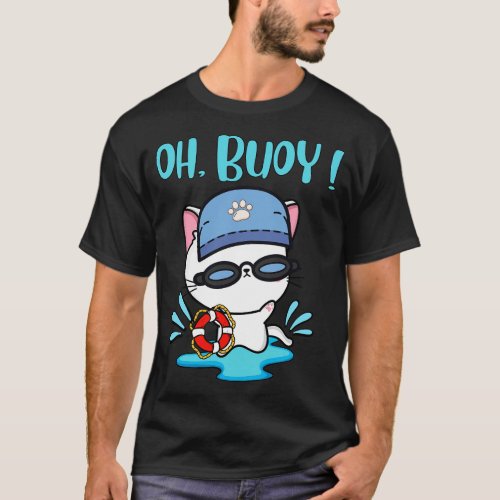 Funny Angora Cat Goes Swimming with a Buoy Pun Int T_Shirt