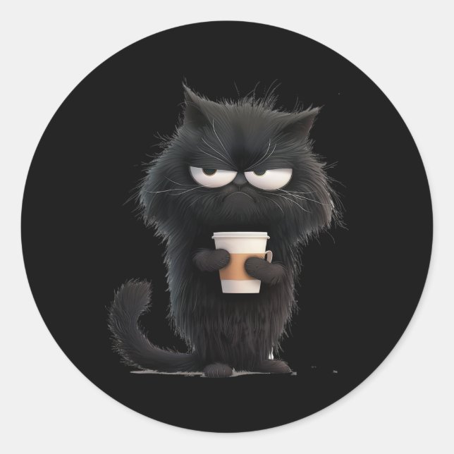 Funny Angry Black Cat Tee Cute Coffee Lover Men Wo Classic Round Sticker (Front)