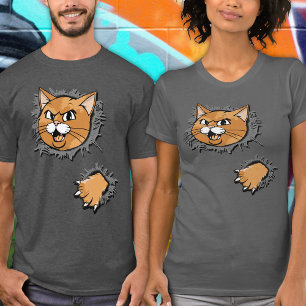 Funny Angry Cat Cartoon Ripped Fabric Illusion T-Shirt