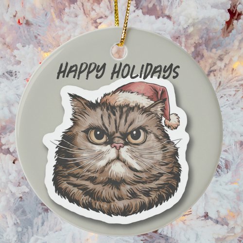 Funny angry Cat Christmas holiday Ceramic Ornament