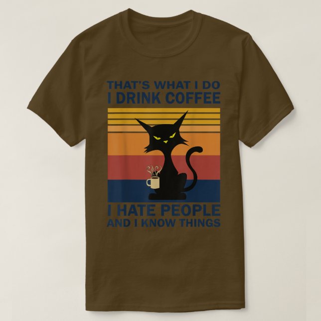 Funny Angry Cat Drinking Coffee T-Shirt (Design Front)