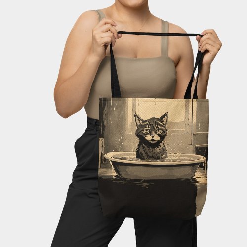 Funny Angry Cat in the Bathtub Black Brown  Tote Bag