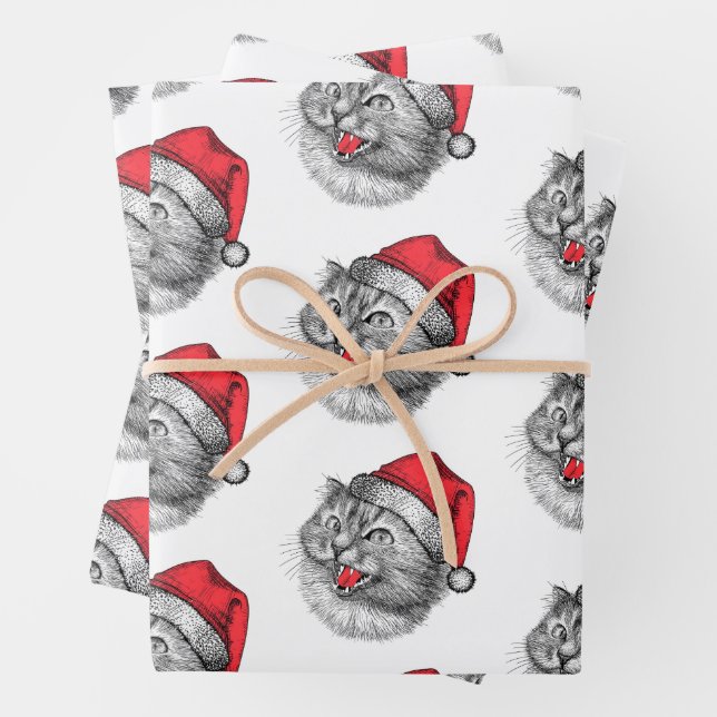 Funny Angry Christmas Santa Hat Cat Wrapping Paper Sheets (In situ)