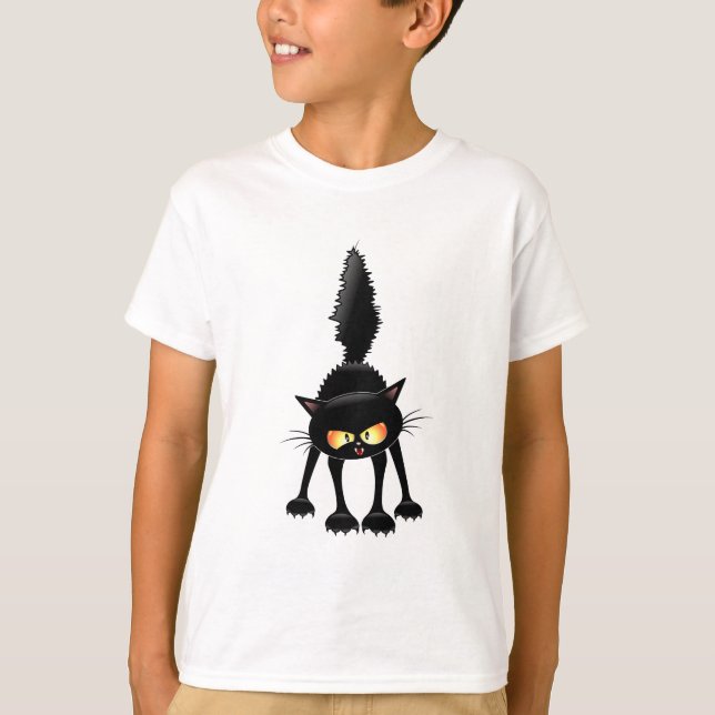 Funny Angry & Fierce Black Cat Cartoon T-Shirt (Front)