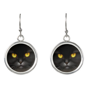 Funny Angry Fluffy Black Persian Kitty Cat Face Earrings