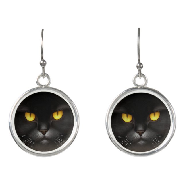 Funny Angry Fluffy Black Persian Kitty Cat Face Earrings (Front)