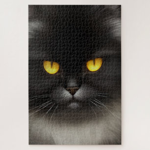 Funny Angry Fluffy Black Persian Kitty Cat Face Jigsaw Puzzle