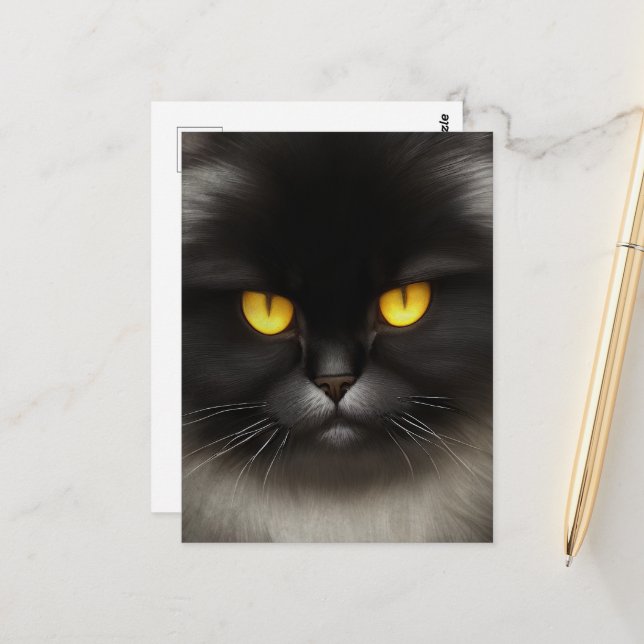 Funny Angry Fluffy Black Persian Kitty Cat Face Postcard (Front/Back In Situ)