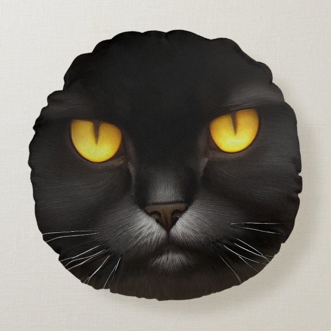 Funny Angry Fluffy Black Persian Kitty Cat Face Round Pillow (Front)