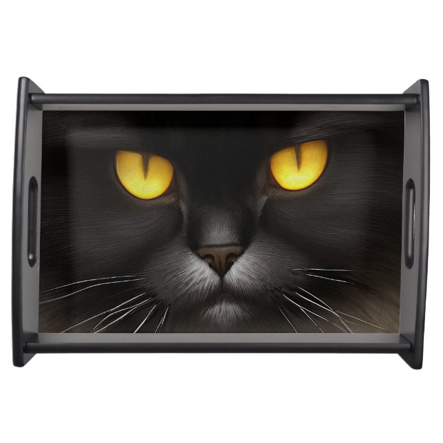 Funny Angry Fluffy Black Persian Kitty Cat Face Serving Tray (Front)
