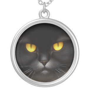 Funny Angry Fluffy Black Persian Kitty Cat Face Silver Plated Necklace
