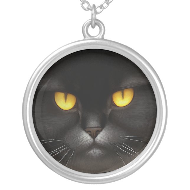 Funny Angry Fluffy Black Persian Kitty Cat Face Silver Plated Necklace (Front)