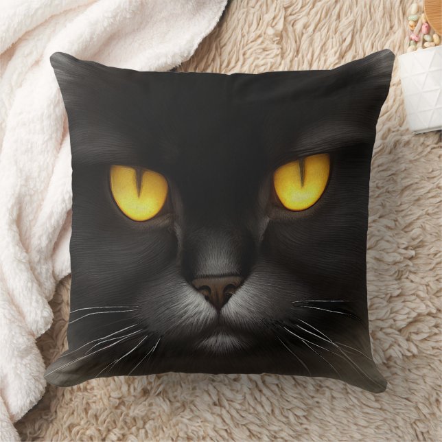 Funny Angry Fluffy Black Persian Kitty Cat Face Throw Pillow (Blanket)