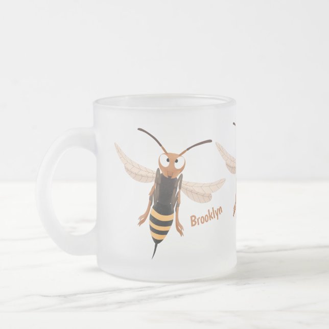 Funny angry hornet wasp cartoon illustration frosted glass coffee mug (Left)