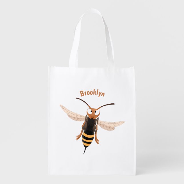 Funny angry hornet wasp cartoon illustration grocery bag (Front)