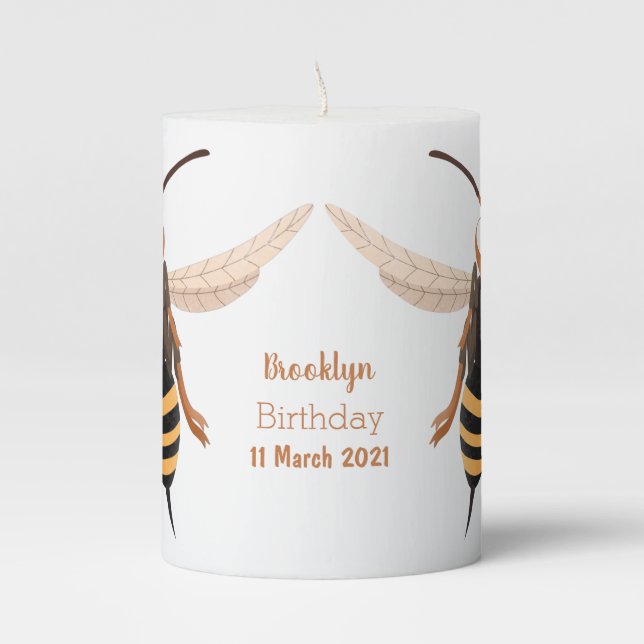 Funny angry hornet wasp cartoon illustration pillar candle (Front)