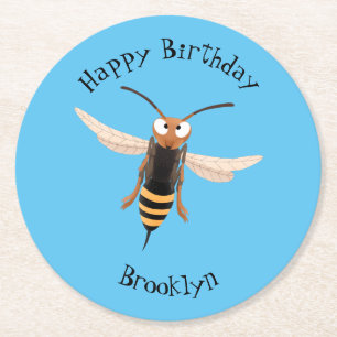 Funny angry hornet wasp cartoon illustration round paper coaster