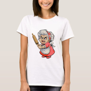 Funny Angry Old Lady with Rolling Pin Cartoon Art T-Shirt