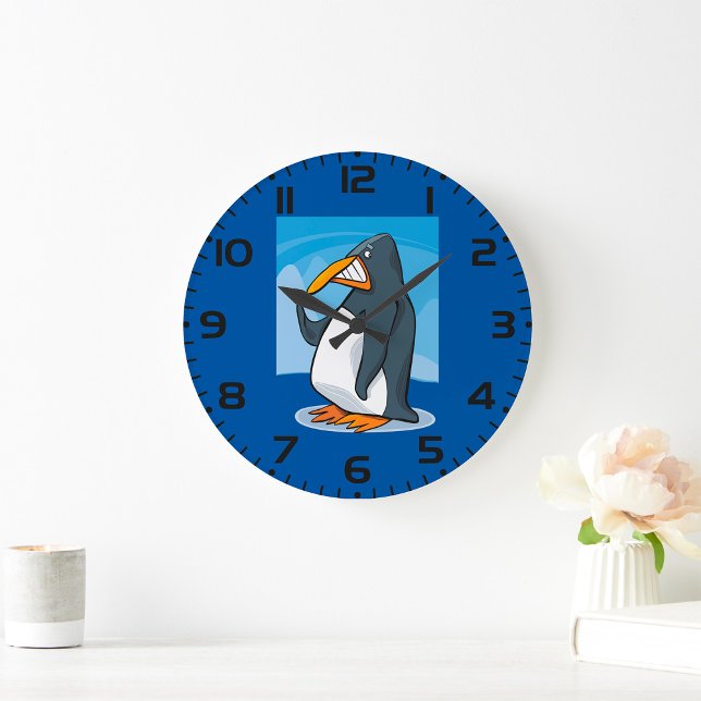 Funny Angry Penguin Cartoon Cool Waving  Large Clock (Creator Uploaded)