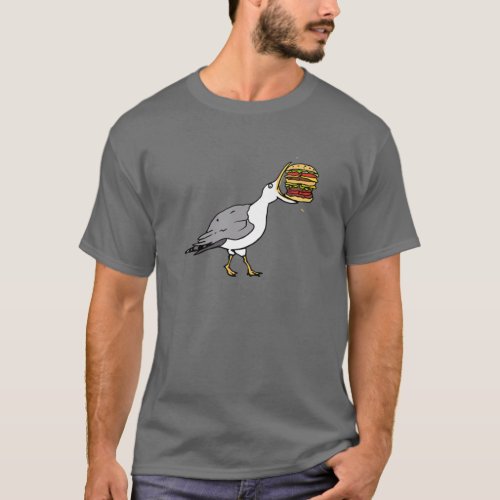 Funny Animal Bird Seagull With Burger Hungry Food T_Shirt