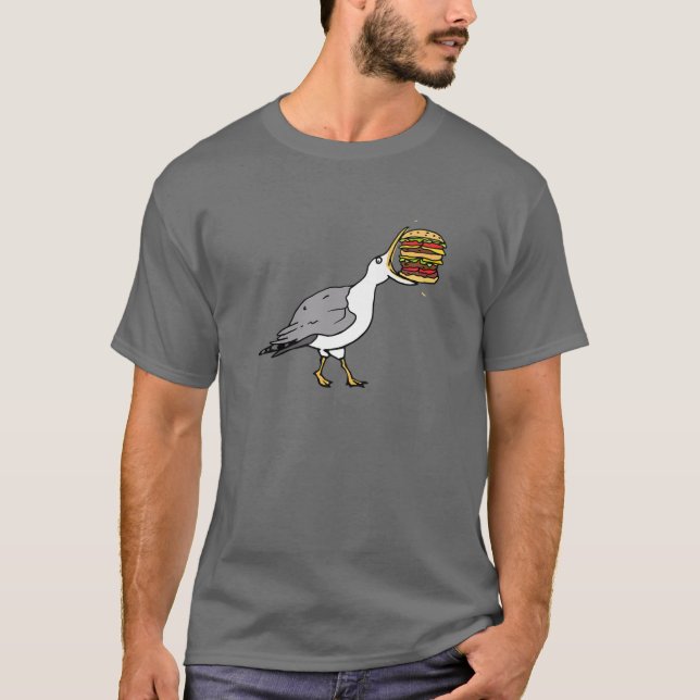 Funny Animal Bird Seagull With Burger Hungry Food T-Shirt (Front)