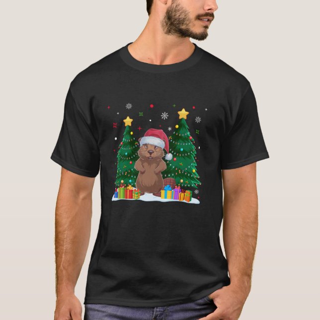 Funny Animal Lovers Beaver Santa Hat Ugly Christma T-Shirt (Front)