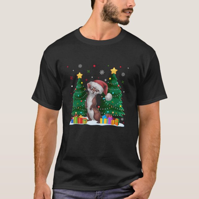 Funny Animal Lovers Weasel Santa Hat Ugly Christma T-Shirt (Front)