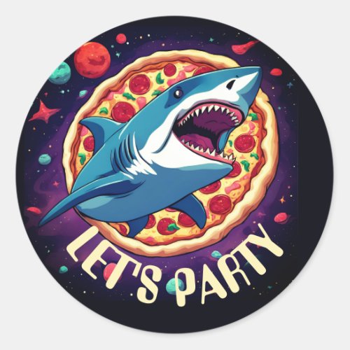 Funny animal outer space shark pizza party classic round sticker