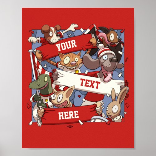 Funny Animal Sports Fans Scarf Waving Cartoon Poster