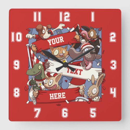 Funny Animal Sports Fans Scarf Waving Cartoon Square Wall Clock