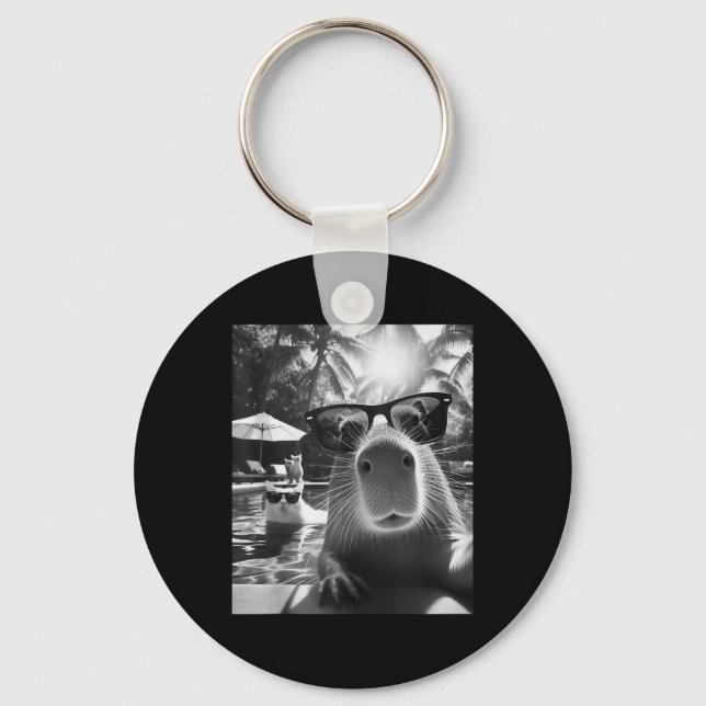 Funny Animal Swimming Pool Capybara Selfie With Ca Keychain (Front)