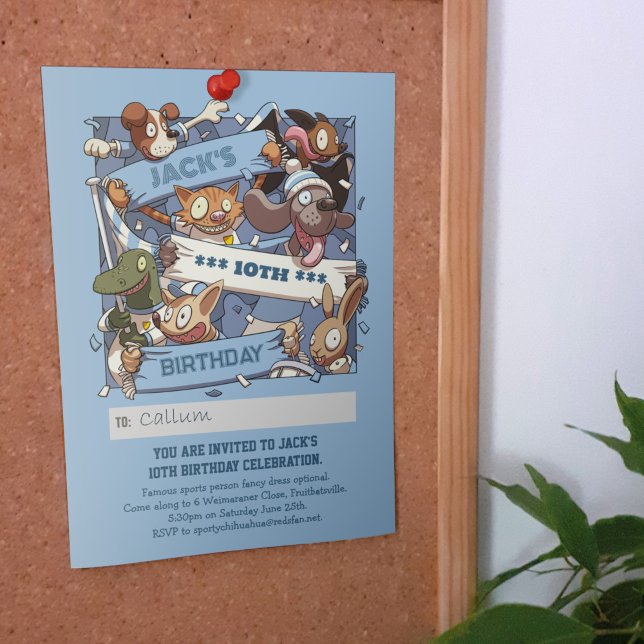 Funny Animals Add Your Name Birthday Fans Sky Blue Invitation (Creator Uploaded)