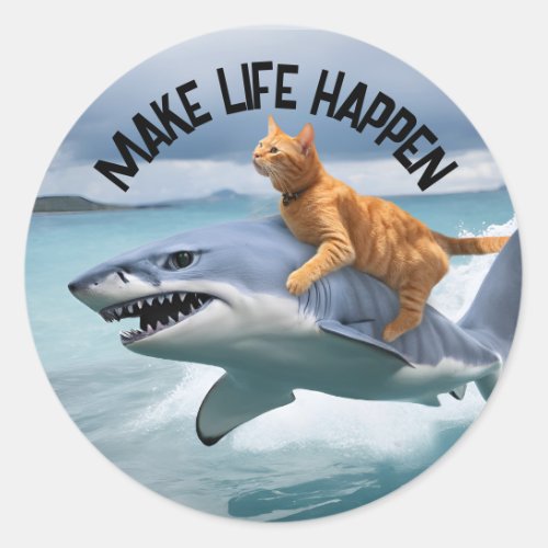 Funny animals cat riding great white shark ocean classic round sticker