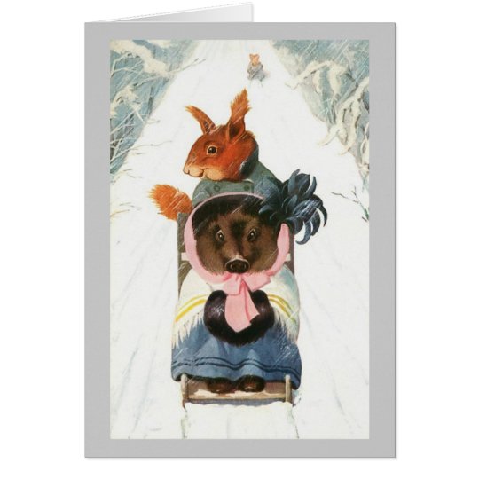 Funny Animals Go Sledding - Vintage Christmas Card