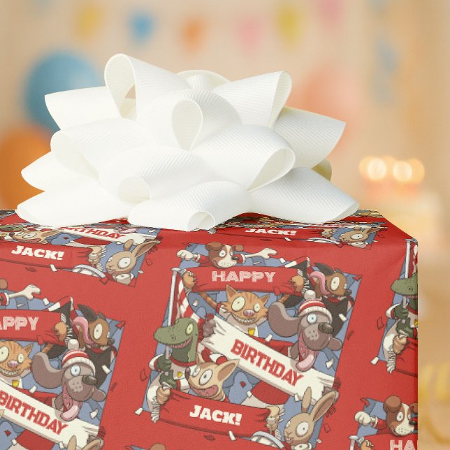 Funny Animals Happy Birthday Add Your Name Cartoon Wrapping Paper (Creator Uploaded)
