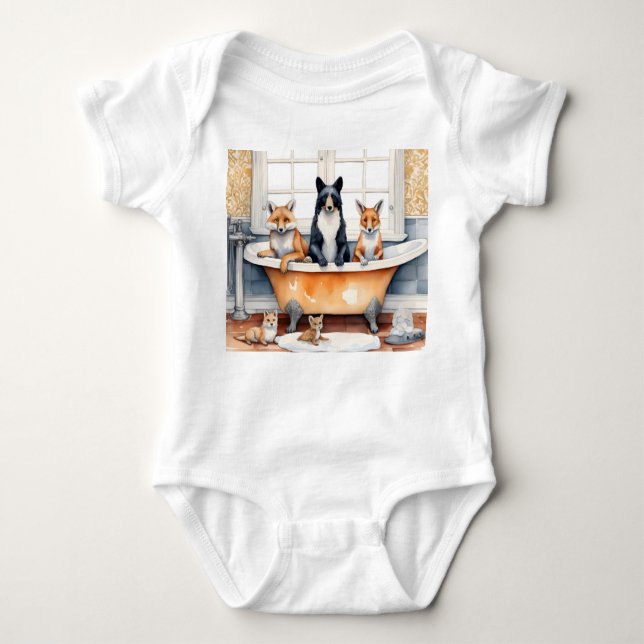 Funny animals in bath baby bodysuit (Front)