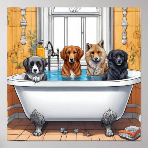 Funny animals in bath poster