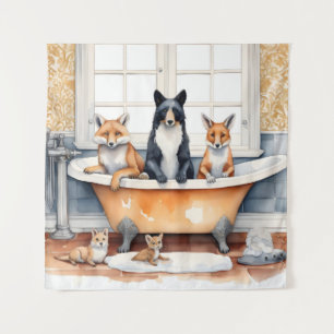 Funny animals in bath tapestry