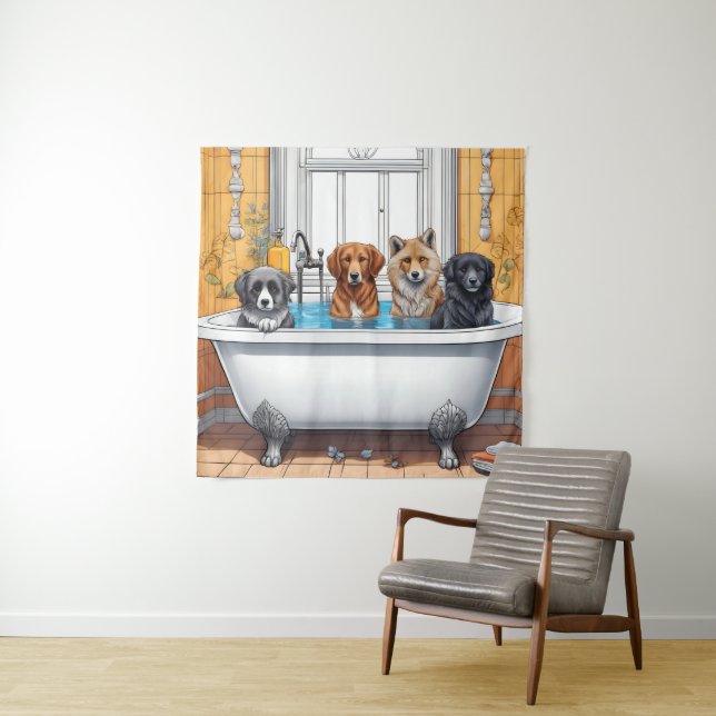 Funny animals in bath tapestry (In Situ)