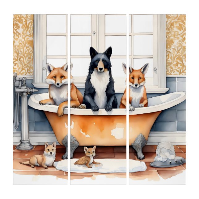 Funny animals in bath triptych (Front)