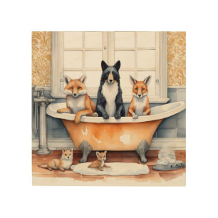 Funny animals in bath wood wall art