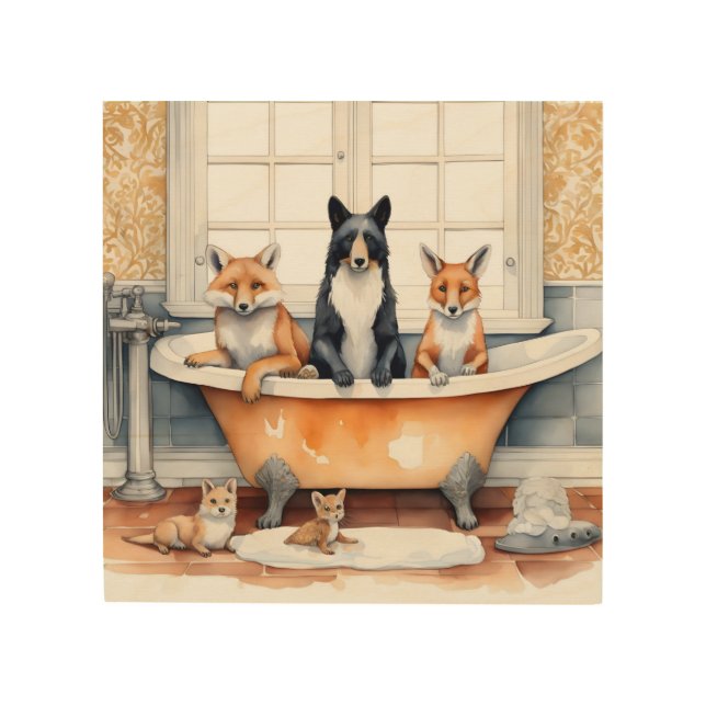 Funny animals in bath wood wall art (Front)