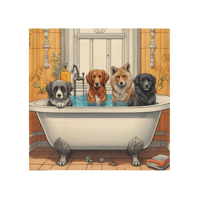 Funny animals in bath wood wall art (Front)