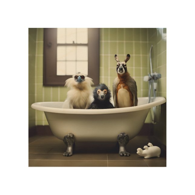 Funny animals in bathroom wood wall art (Front)
