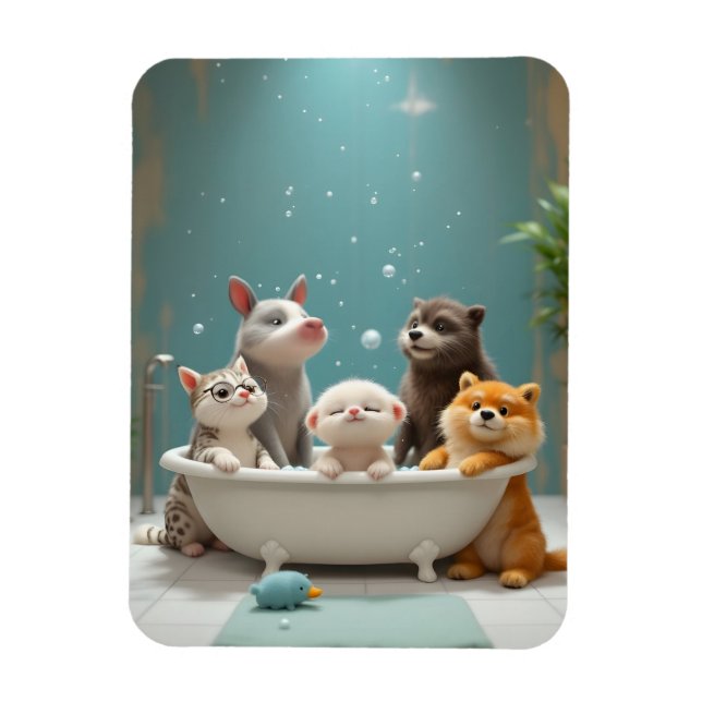 Funny animals in bathtub magnet (Vertical)