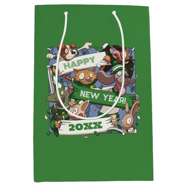 Funny Animals New Year Party Fans Cartoon Medium Gift Bag (Front)